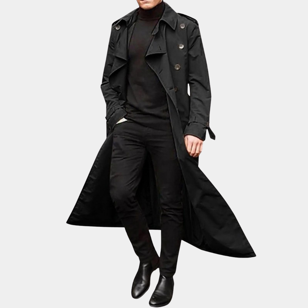 Men's Double-Breasted Trench Coat Belted Wool Black