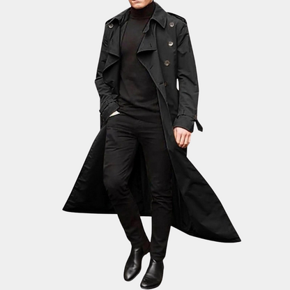 Men's Double-Breasted Trench Coat Belted Wool Black