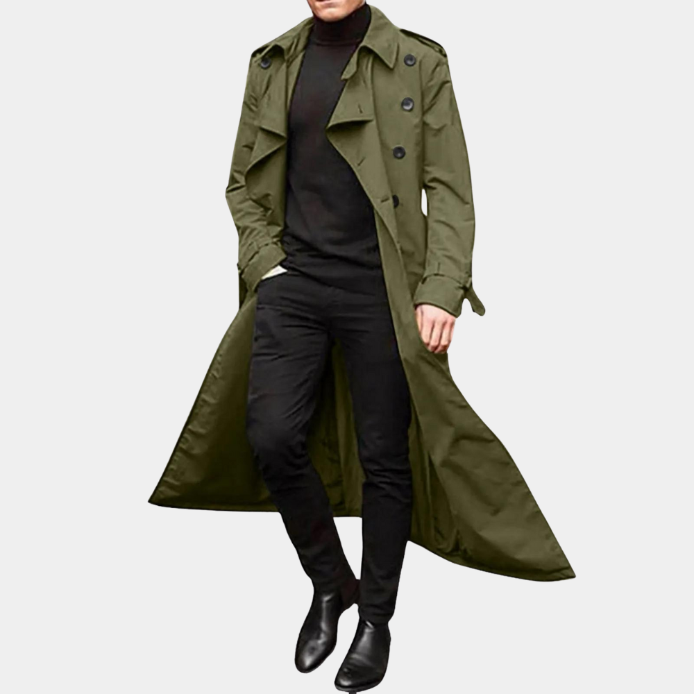 Men's Double-Breasted Trench Coat Belted Wool Black