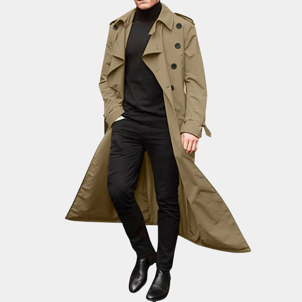 Men's Double-Breasted Trench Coat Belted Wool Black