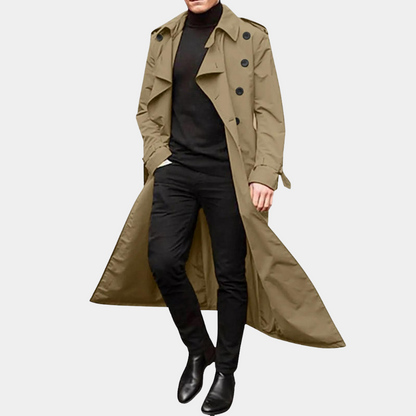 Men's Double-Breasted Trench Coat Belted Wool Black