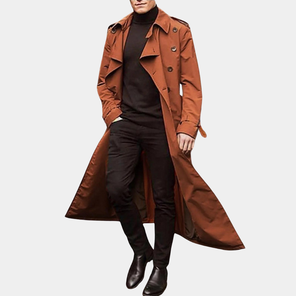 Men's Double-Breasted Trench Coat Belted Wool Black - Vonnera