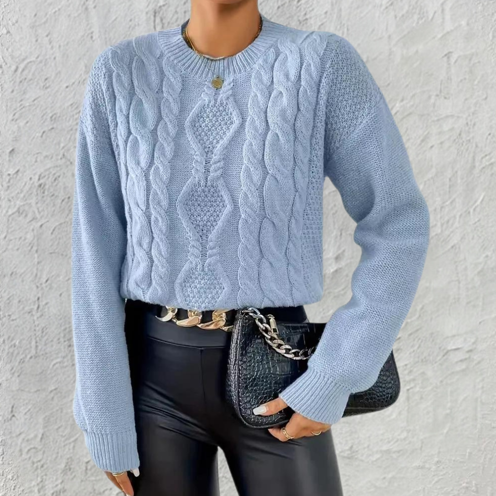 Women's Cable Knit Sweater Blue Long Sleeve - Vonnera