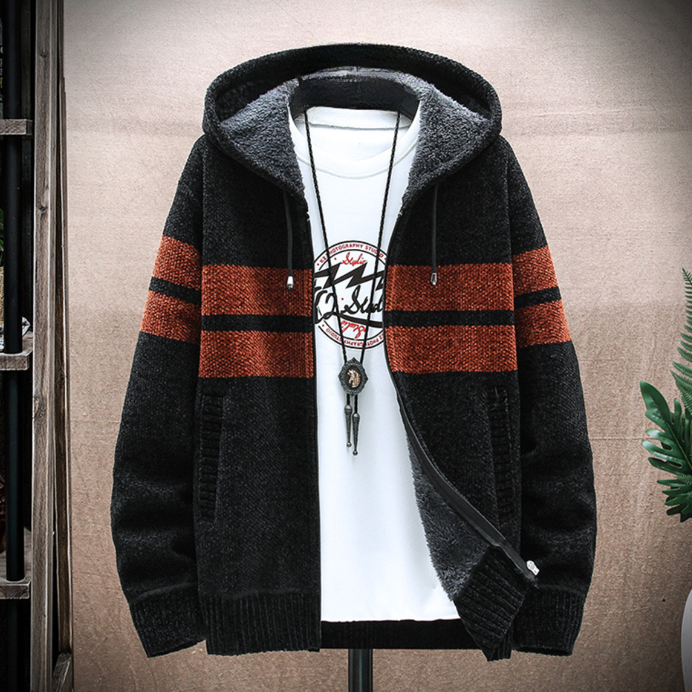 Men's Fleece Lined Hoodie Striped Zip Up Adjustable Drawstring