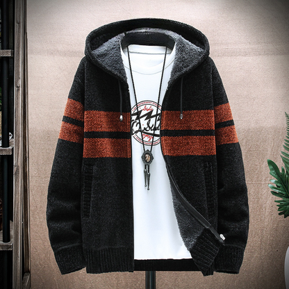 Men's Fleece Lined Hoodie Striped Zip Up Adjustable Drawstring