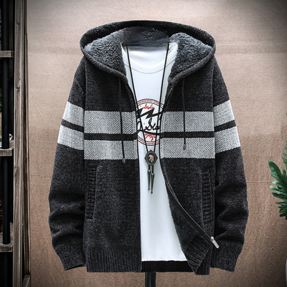 Men's Fleece Lined Hoodie Striped Zip Up Adjustable Drawstring