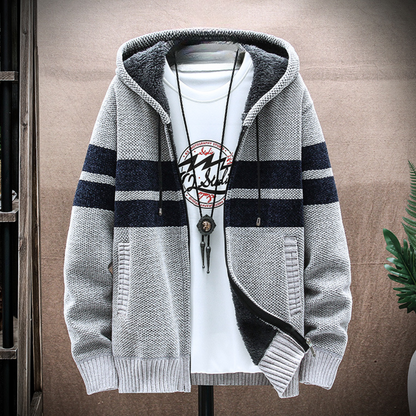 Men's Fleece Lined Hoodie Striped Zip Up Adjustable Drawstring
