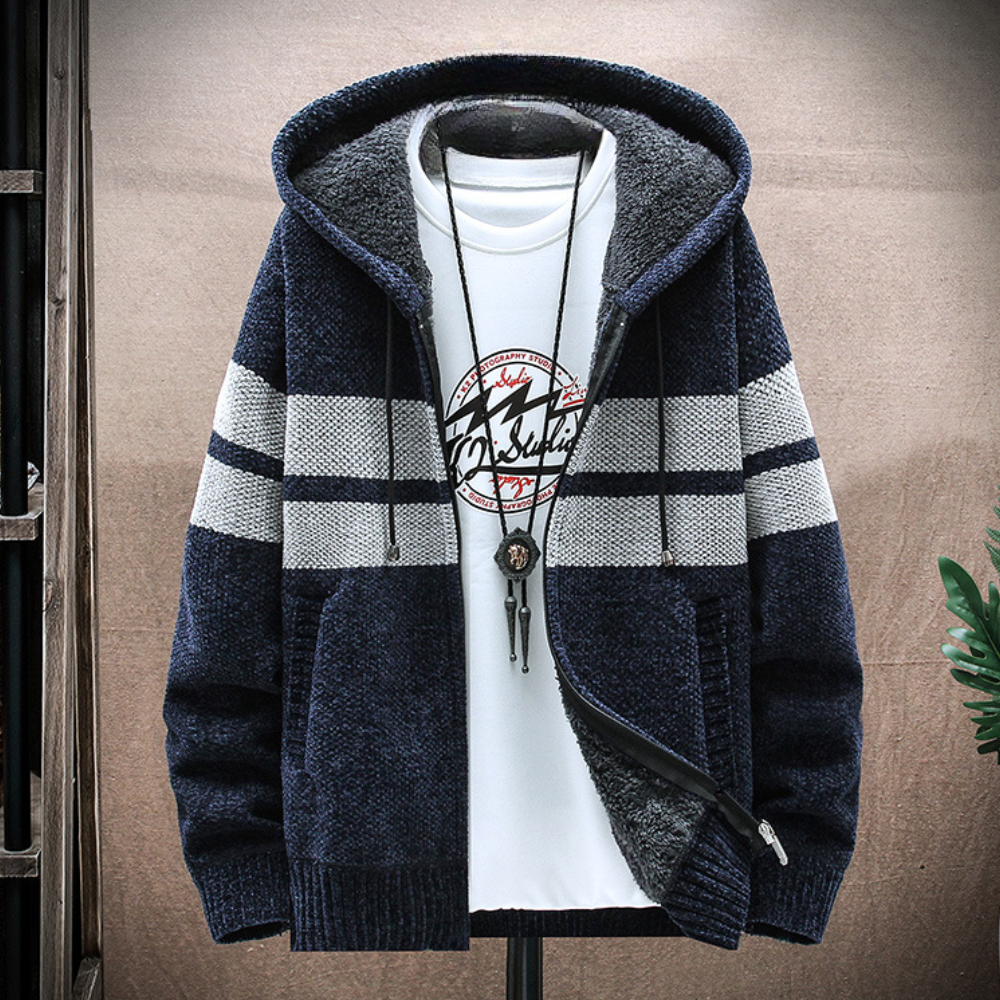 Men's Fleece Lined Hoodie Striped Zip Up Adjustable Drawstring - Vonnera