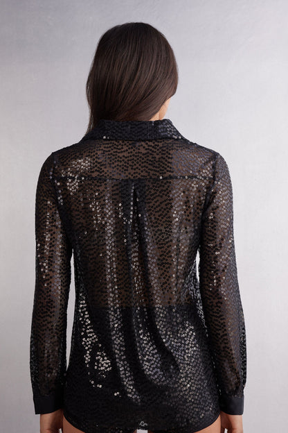 Women's Sequin Button-Up Shirt Black Modern Glam