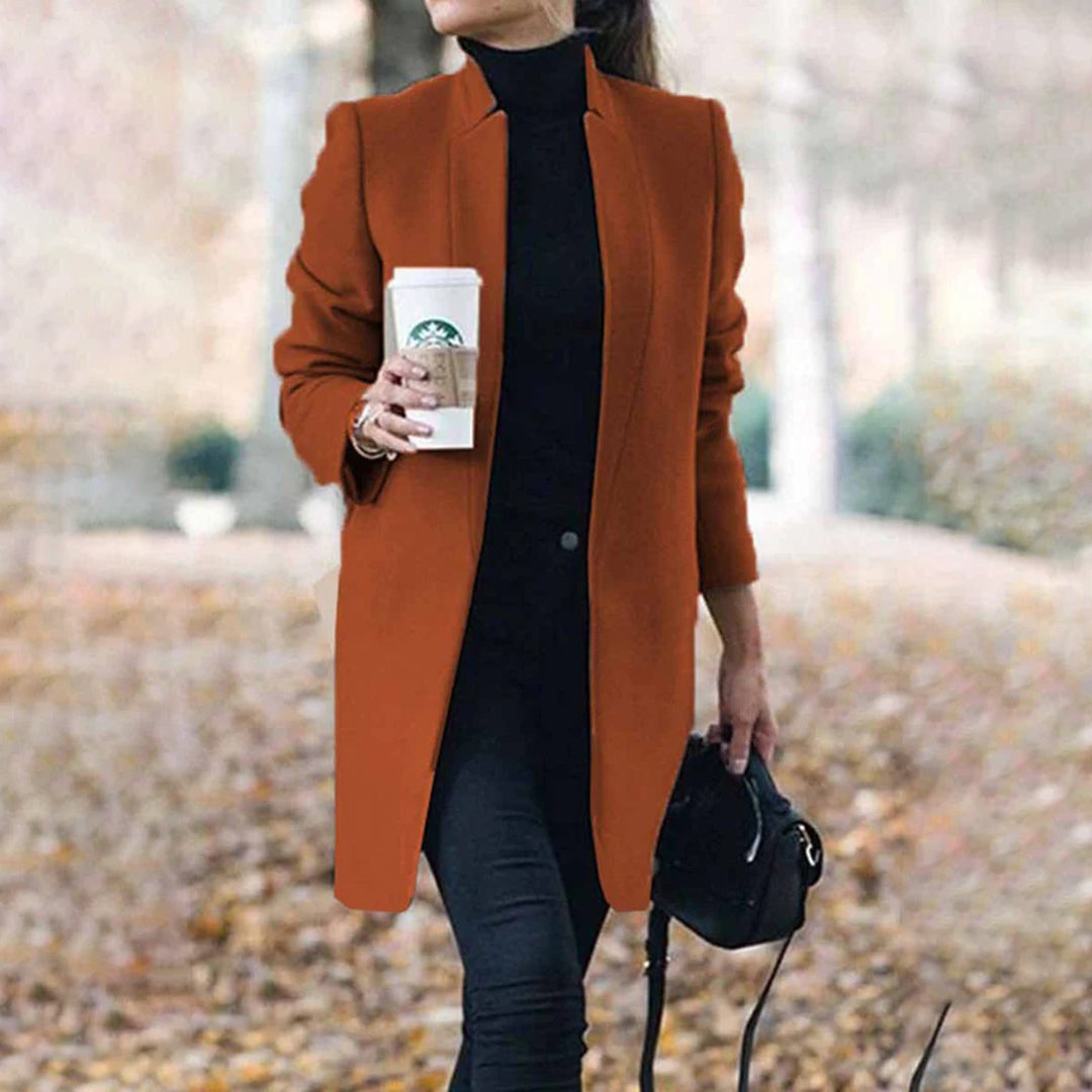 Women's Long Wool Trench Coat Stand Collar Sleek Fit Warm Beige