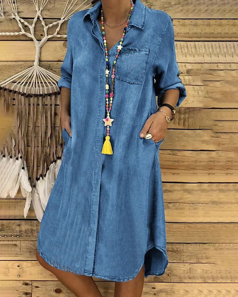 Women's Denim Shirt Dress Comfortable Fit - Vonnera