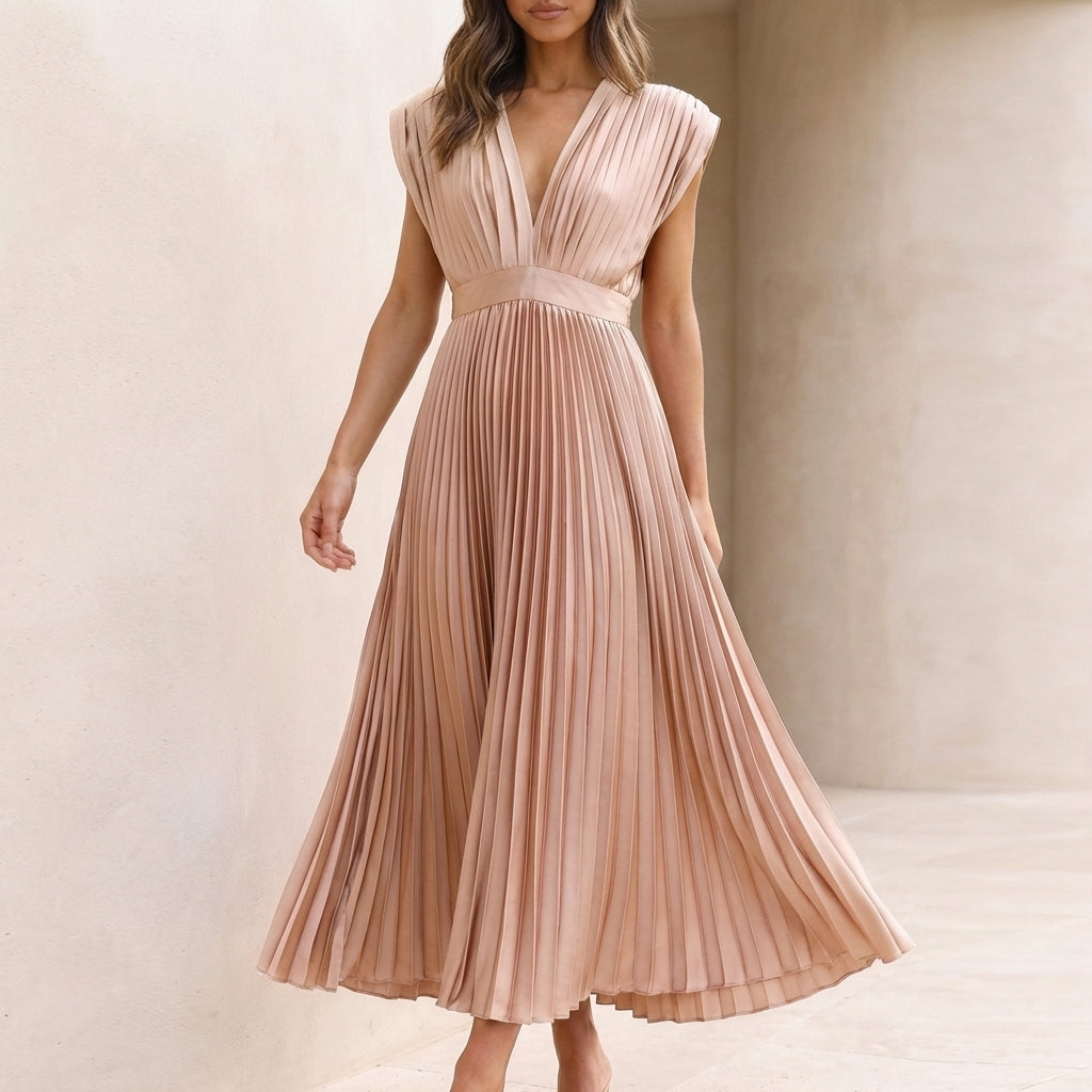 Women's Pleated Maxi Dress V-Neck Defined Waist