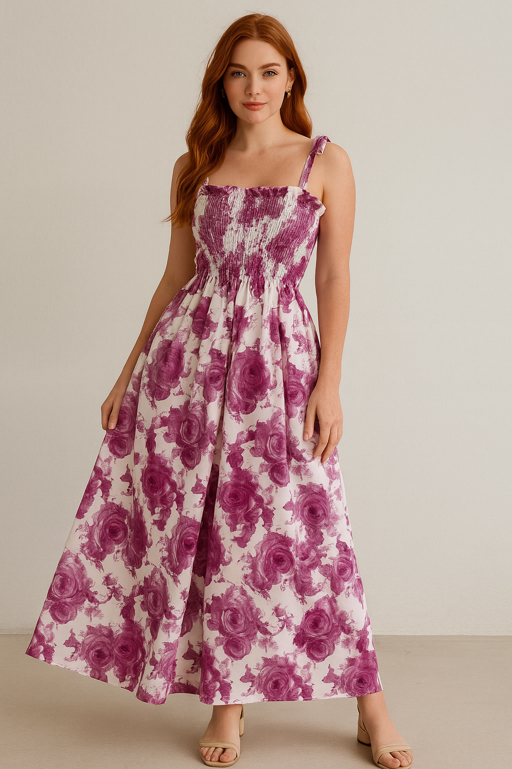Women's Floral Maxi Dress Cotton Pink White - Vonnera