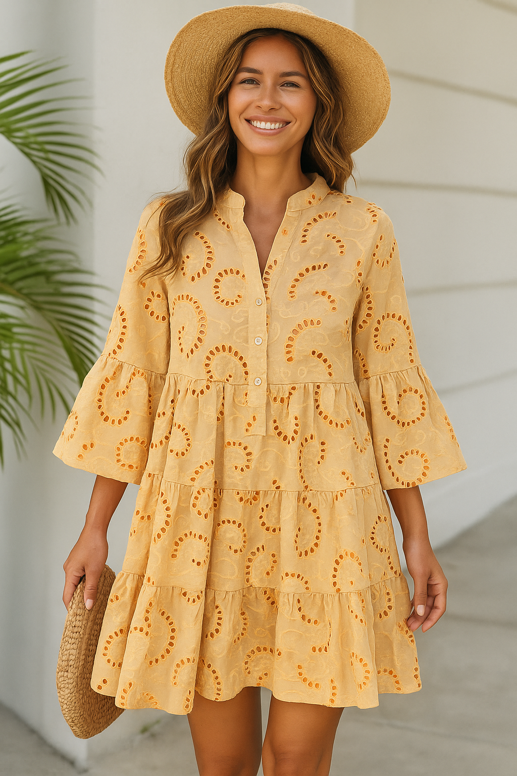 Beige Embroidered Summer Dress Flowy Sleeves Tropical Style - Vonnera