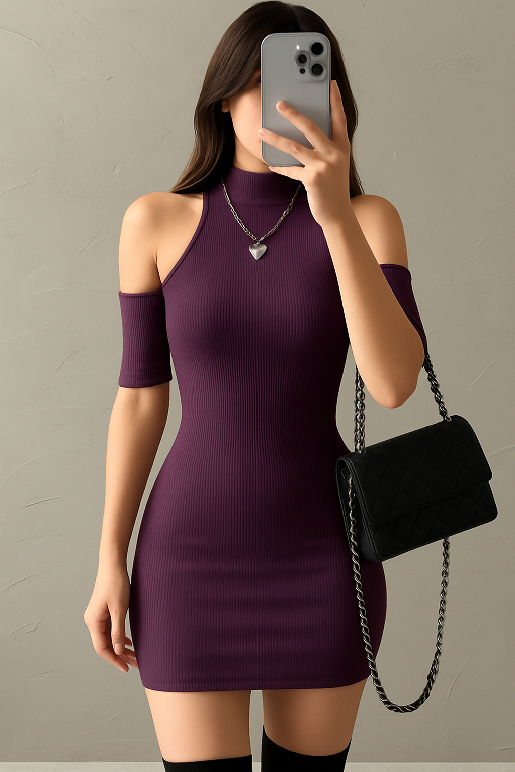 Women's Purple Ribbed Cold Shoulder Mini Dress