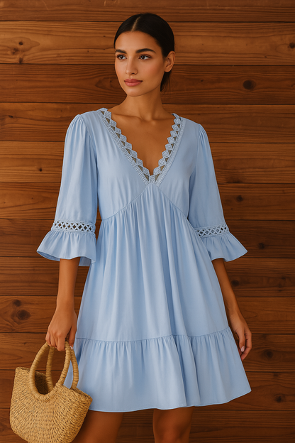 Women's Midi Dress Sky Blue Lace Trim - Vonnera