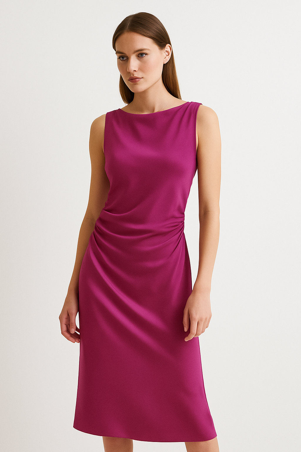 Women's Fuchsia Satin Midi Dress Side Draping - Vonnera