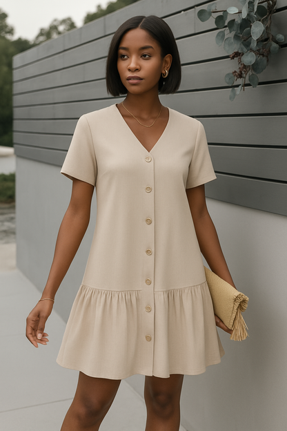 Women's Beige Summer Dress Button Back Lightweight - Vonnera
