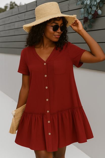 Women's Burgundy Button Down Summer Dress Ruffle Hem - Vonnera
