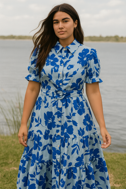 Women's Midi Dress Light Blue Floral Print