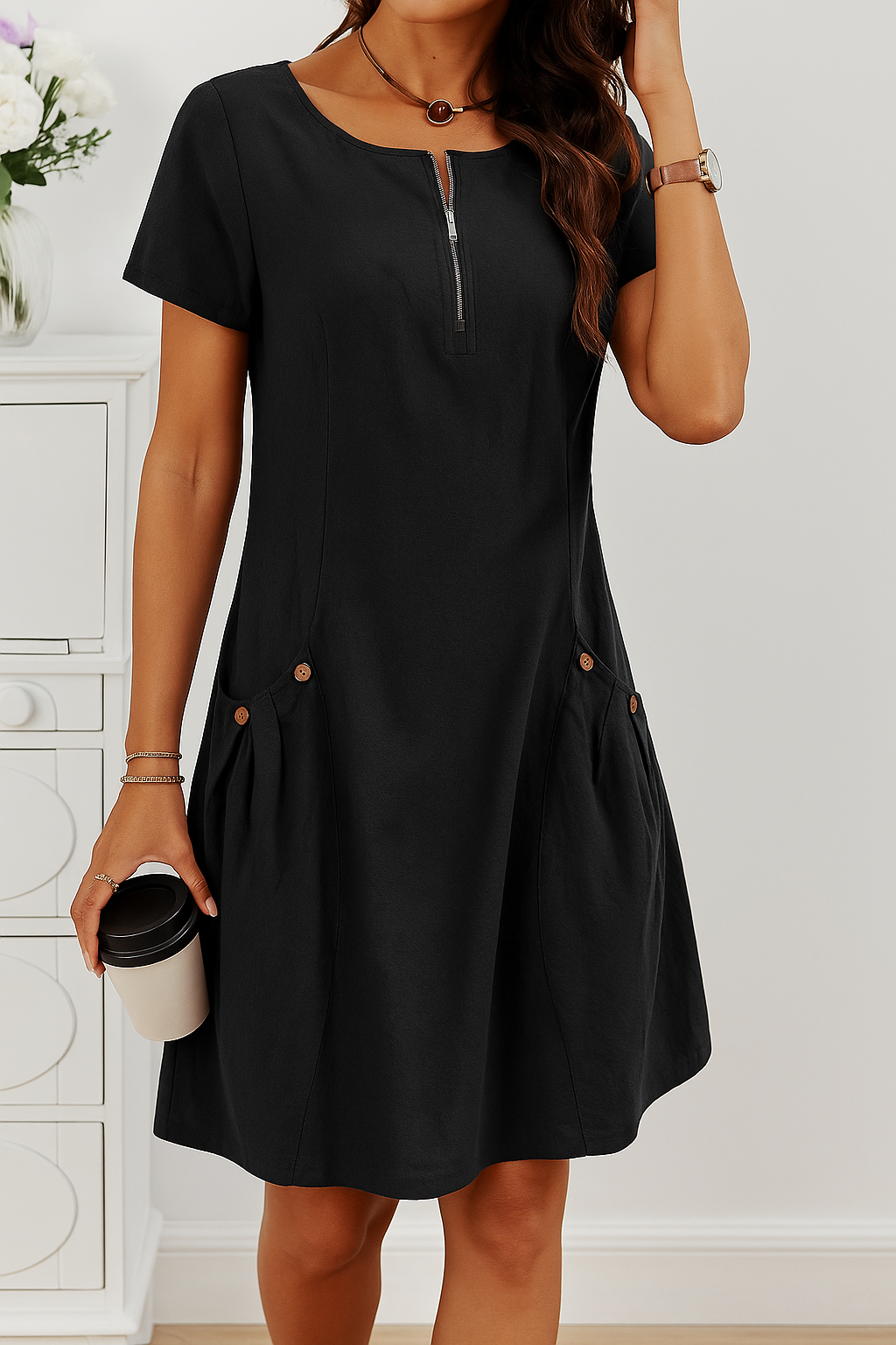 Women's Casual Midi Dress Front Pocket Design