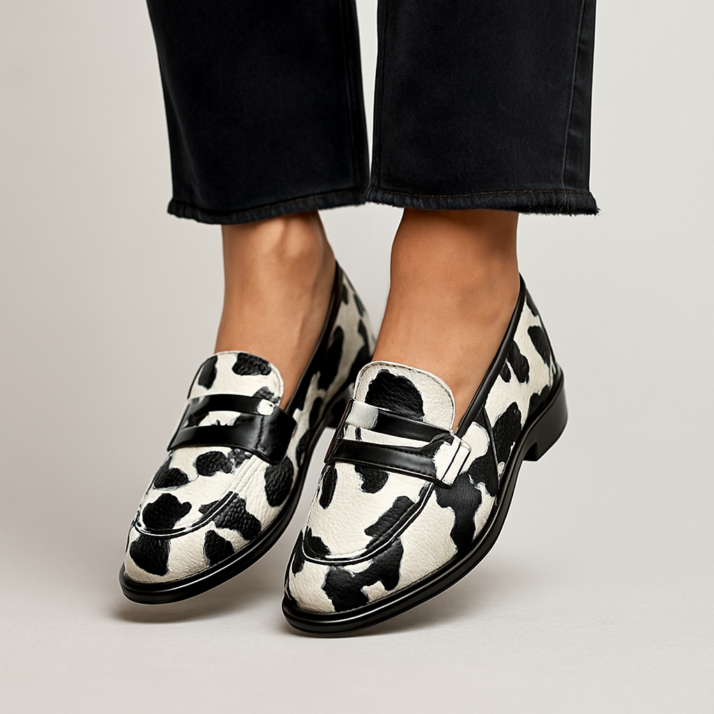 Women's Cow Print Slip On Loafers - Vonnera