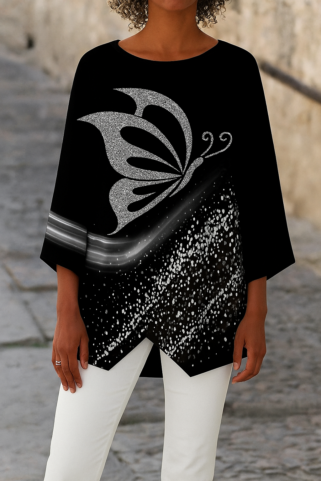Women's Round Neck Long Sleeve Butterfly Print Blouse