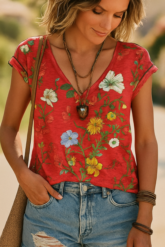 Women's V-Neck Floral T-Shirt - Vonnera