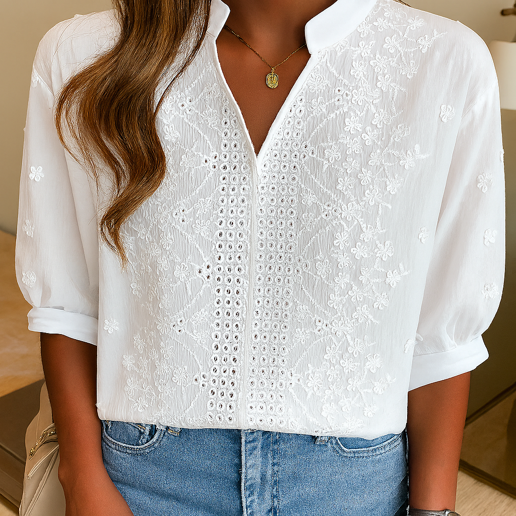 Women's V Neck Lace Blouse White - Vonnera