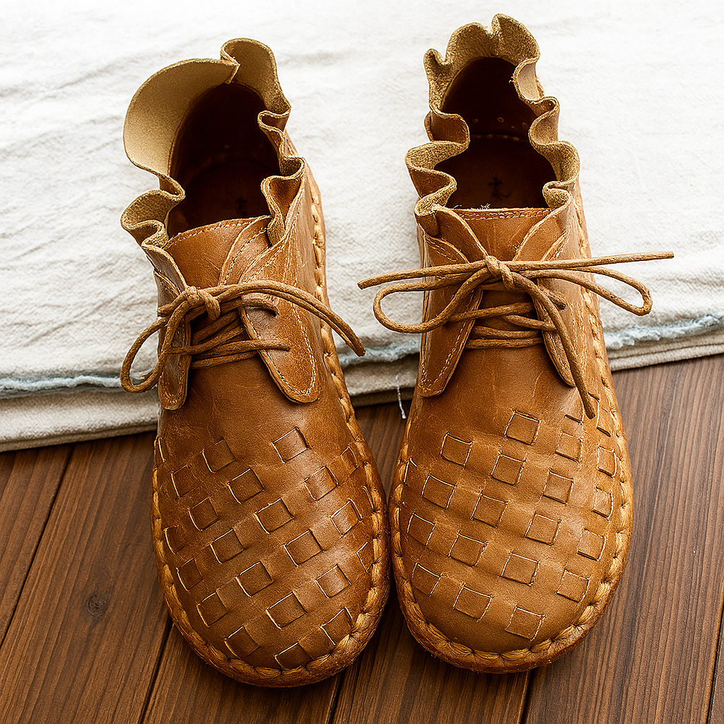 Mori Girl Cowhide Flat Shoes Handmade Brown