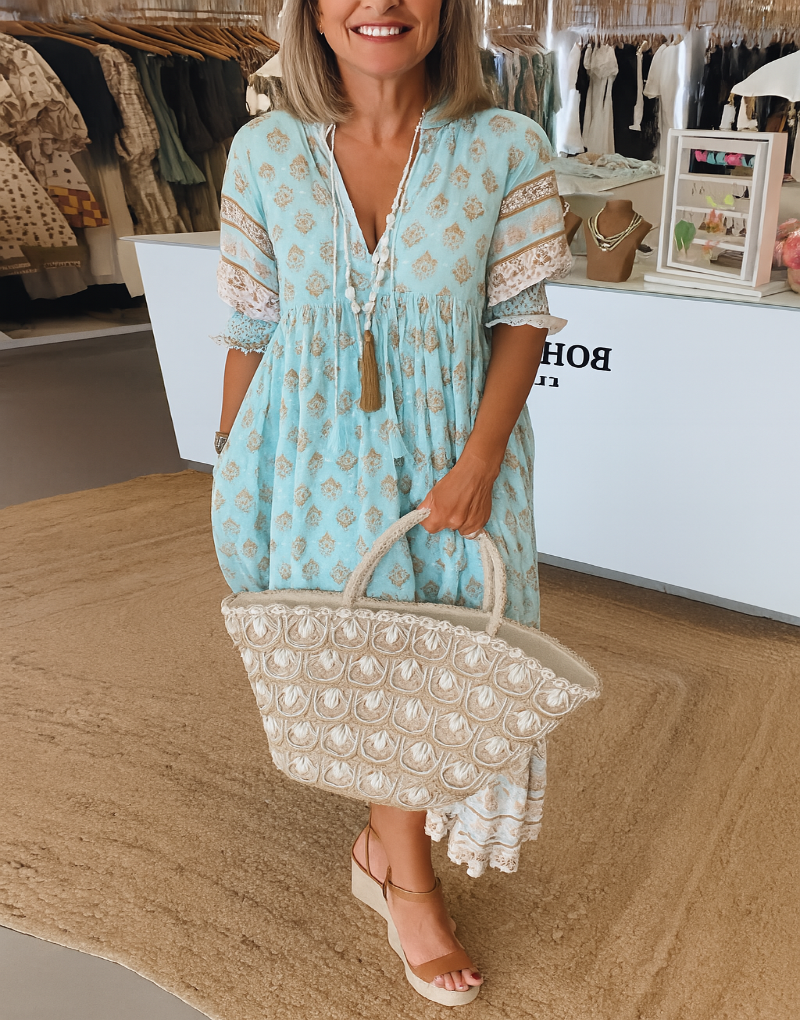 Women's Bohemian Lantern Sleeve Maxi Dress - Vonnera