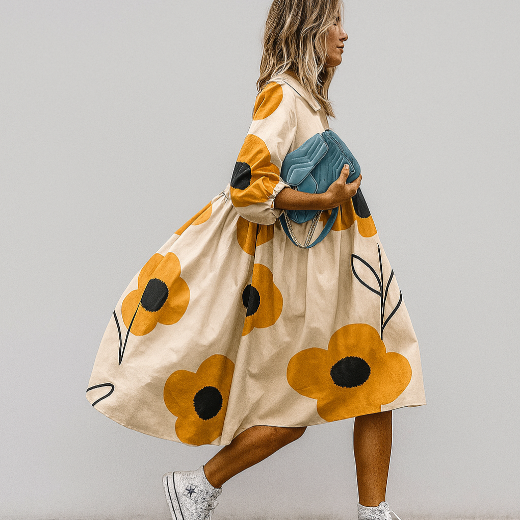 Women's Floral Midi Dress Oversized Cotton Print