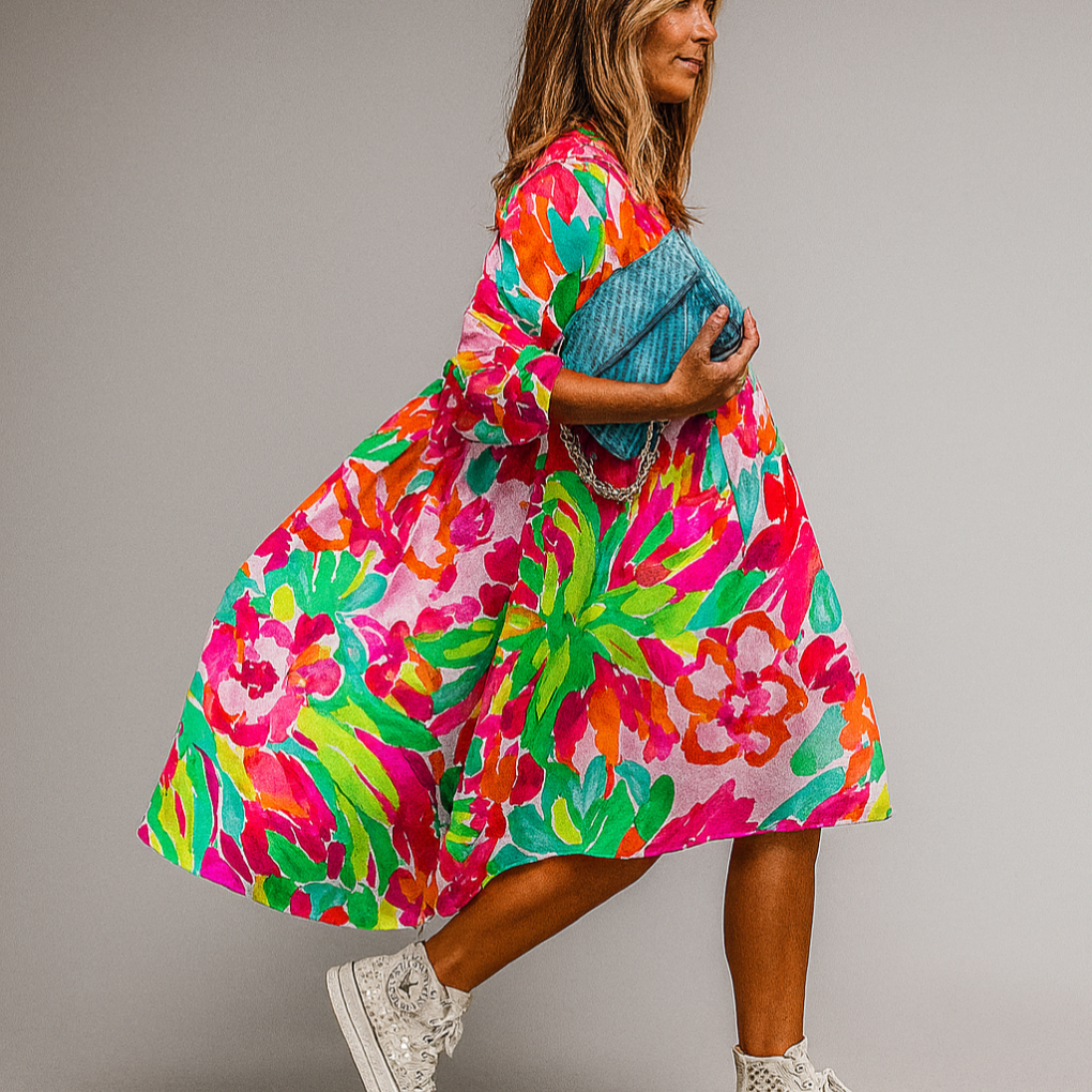 Women's Floral Midi Dress Oversized Cotton Print - Vonnera