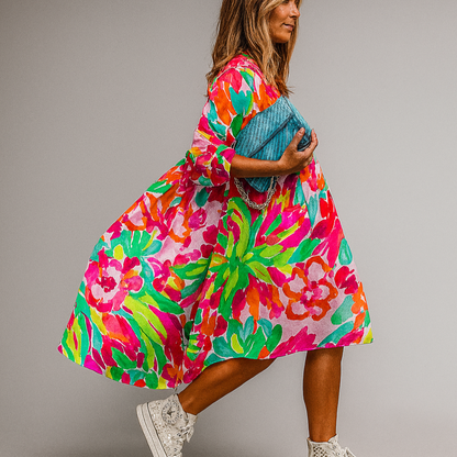 Women's Floral Midi Dress Oversized Cotton Print - Vonnera