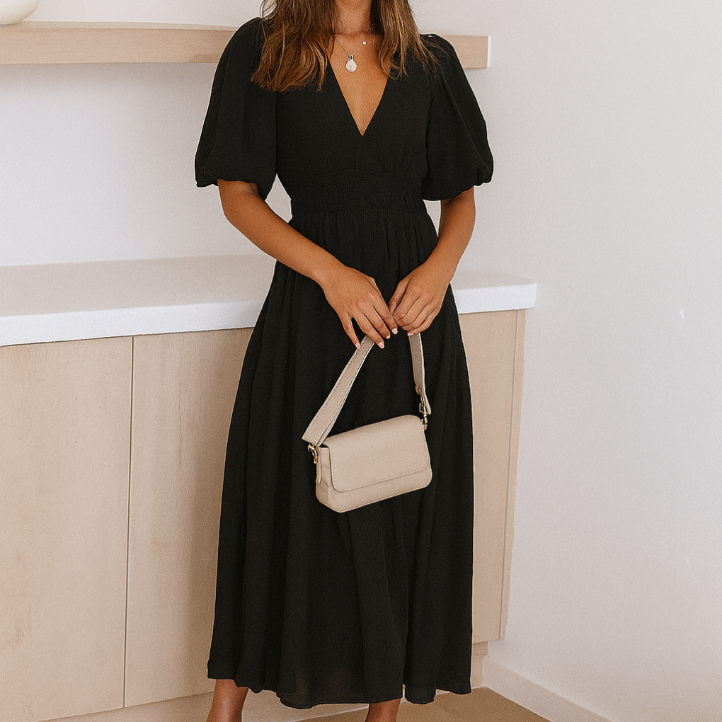 Women's V Neck Midi Dress Elastic Waist - Vonnera