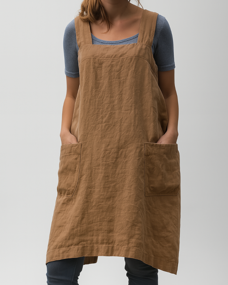Women's Cotton Linen Apron Dress With Pockets - Vonnera