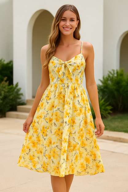 Women's Yellow Floral Summer Dress Vintage Style - Vonnera