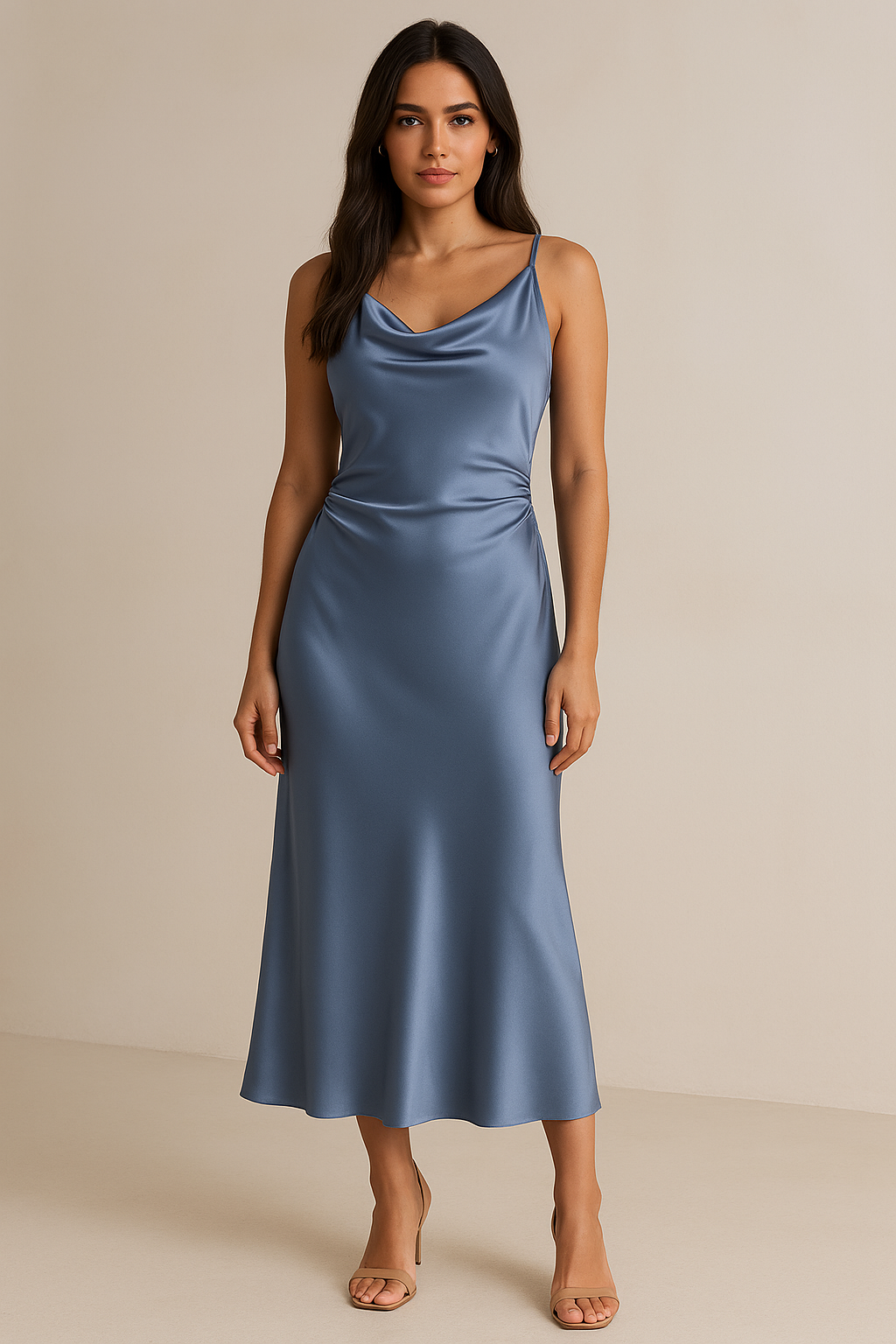 Women's Satin Cowl Neck Midi Dress Light Blue - Vonnera