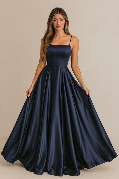 Navy Satin A-Line Evening Gown