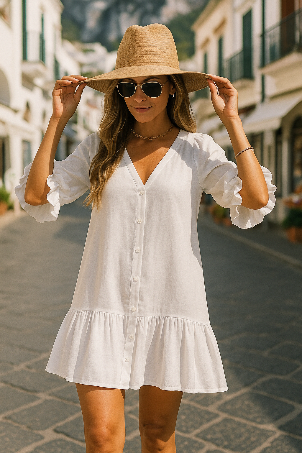 Women's Linen Ruffle Dress White - Vonnera