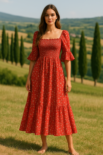 Women's Floral Midi Dress Square Neck Ruffle Sleeves Red - Vonnera