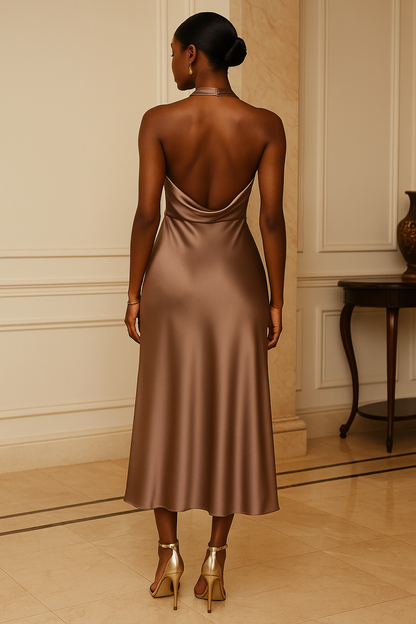 Women's Satin Halter Neck Midi Dress Champagne