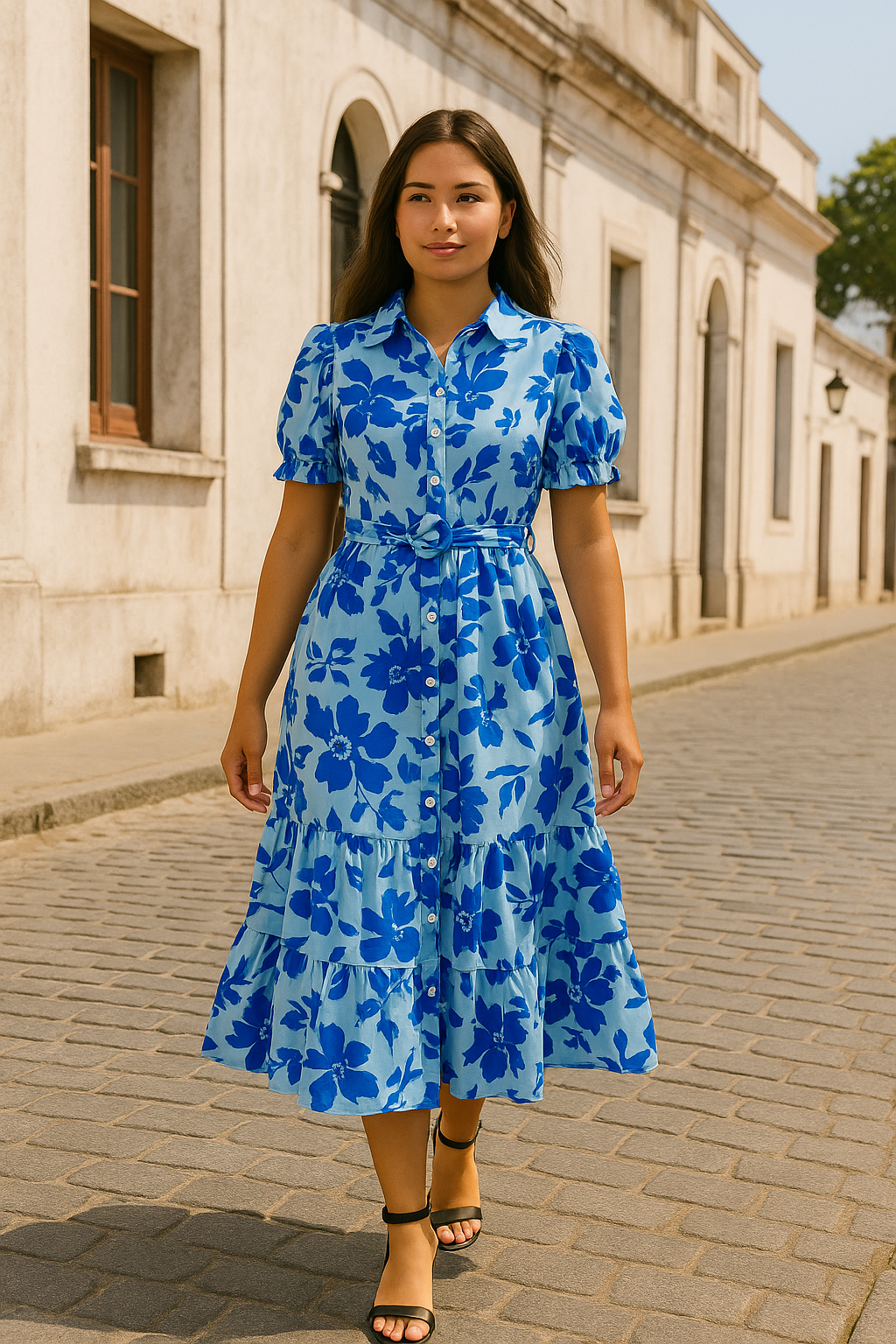 Women's Midi Dress Light Blue Floral Print - Vonnera