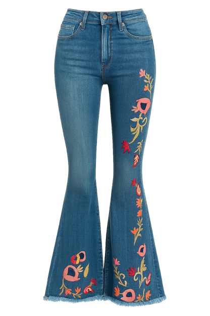 Women's Floral Print High-Waisted Jeans Slim Fit Denim Flare Pants