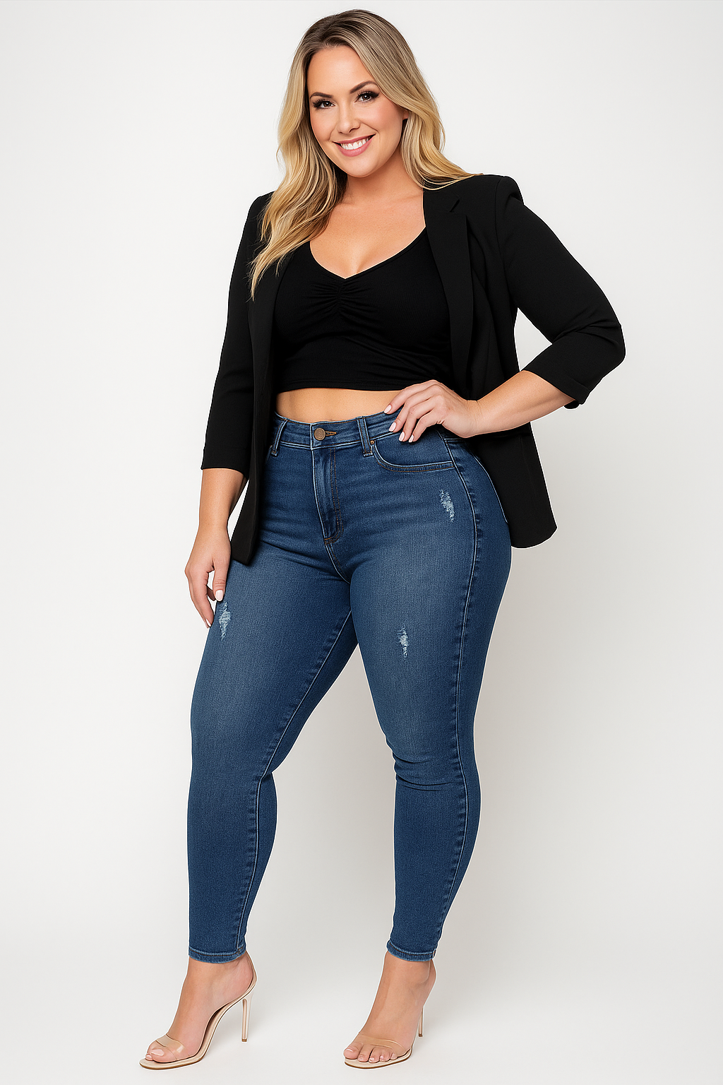 Women's High Waist Slim Fit Jeans Blue Distressed Denim Shorts - Vonnera