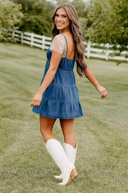 Women's Denim Mini Dress with Lace Detail - Vonnera