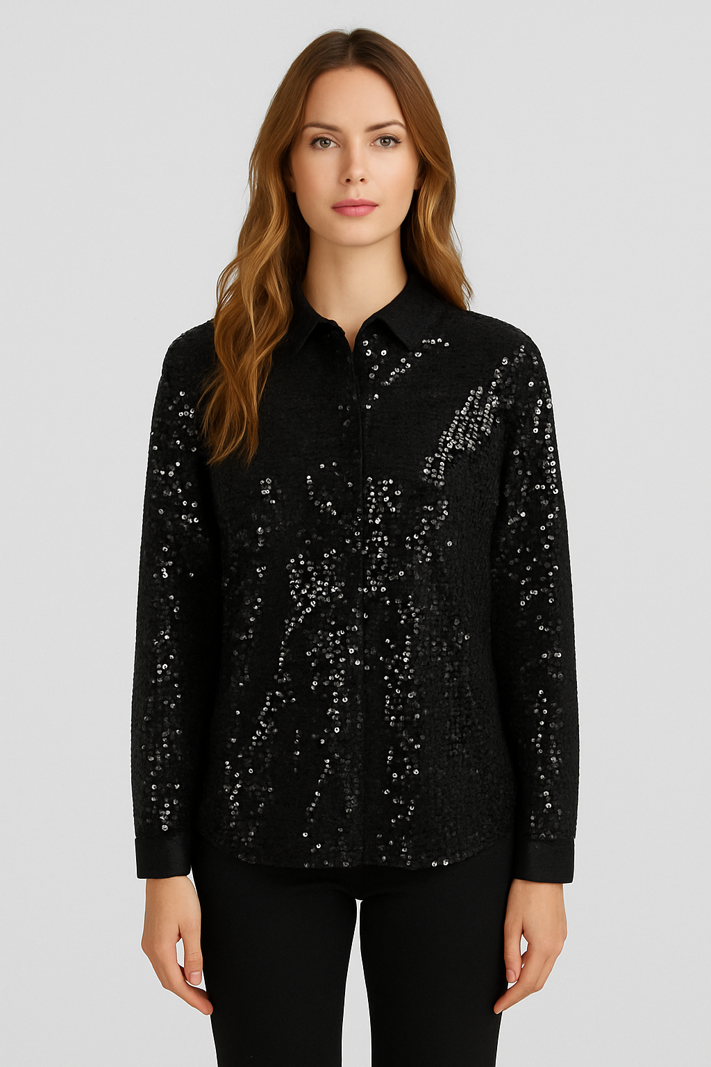 Women's Sequin Button-Up Shirt Black Modern Glam