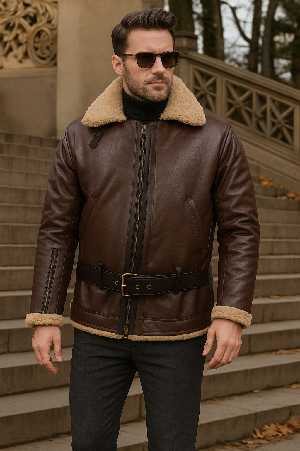Men's Sheepskin Flying Jacket Warm Brown - Vonnera