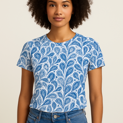 Women's Blue Print T-Shirt Short Sleeve Round Neck - Vonnera