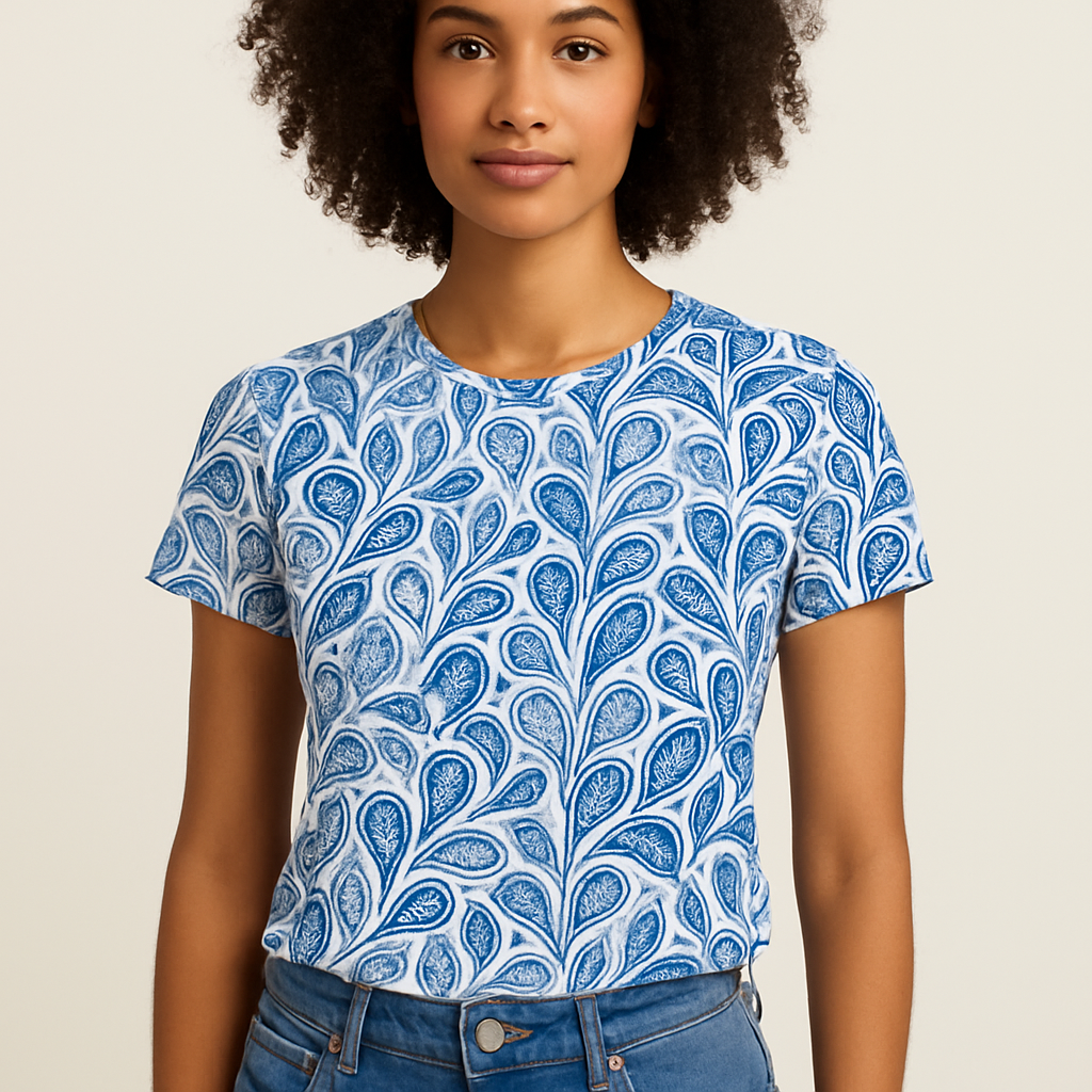 Women's Blue Graphic T-Shirt Short Sleeves Round Neck - Vonnera
